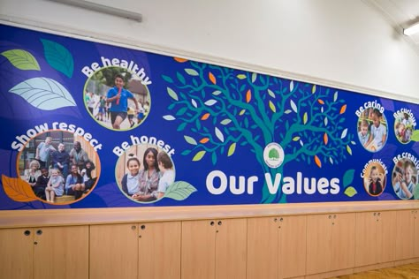 School Wall Art Ideas Classroom, Values Wall, School Values, School Wall Art Ideas, School Corridor, Display Boards For School, School Signage, School Wall Decoration, School Reception