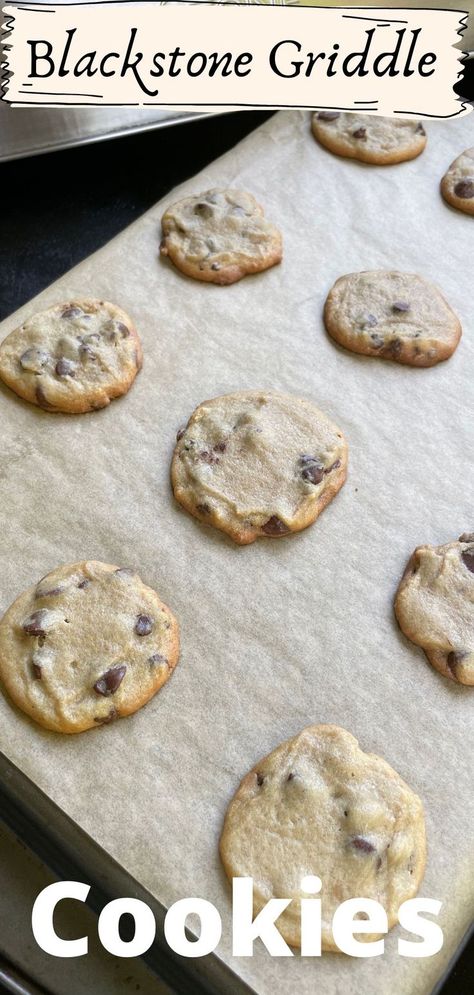 Baking a pan of chocolate chip cookies on the Blackstone Griddle . Black Stone Cooking, Blackstone Recipe, Blackstone Meals, Outdoor Griddle Recipes, Small Batch Cookie Recipe, Blackstone Grill Recipes, Black Stone Griddle, Black Stone Recipes, Black Stone Grill