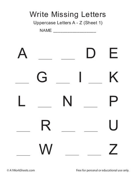 Write Missing Letters (A-Z) Worksheets for Kindergarten Letters Revision Worksheets, Write Missing Alphabet Worksheet, A To Z Worksheet Kindergarten, Alphabet Revision Worksheets, Missing Letters Worksheet Free Printable, Literacy Worksheets For Kindergarten, A-z Worksheet, English Worksheet For Nursery Class, 1st Grade English Worksheets