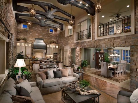 This rustic living room and kitchen is a magnificent space that has stone walls and vaulted ceiling. Neutral Traditional Living Room, Interior Design Minimalist, Mediterranean Living, Interior Design Per La Casa, Mediterranean Decor, Design Del Prodotto, Dream Rooms, Open Floor, Open Floor Plan