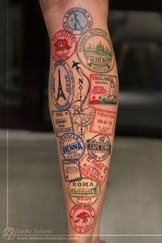 Tattoos From Different Countries, Push Tattoo Ideas, Prague Inspired Tattoo, Travel Themed Sleeve Tattoos, Travel Arm Sleeve Tattoo, Nomad Tattoo Ideas, Collage Sleeve Tattoo, Wonders Of The World Tattoo, Functional Tattoos