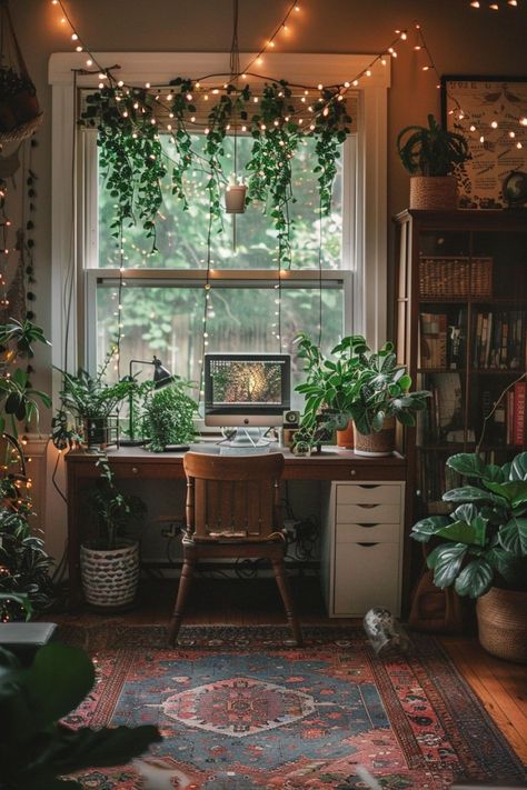 Eclectic Boho Office, Earthy Office Aesthetic, Boho Guest Room Office, Boho Office Inspiration, Whimsical Office Ideas, Cottagecore Home Office, Plants In Office Space, Art Office Studio, Boho Workspace