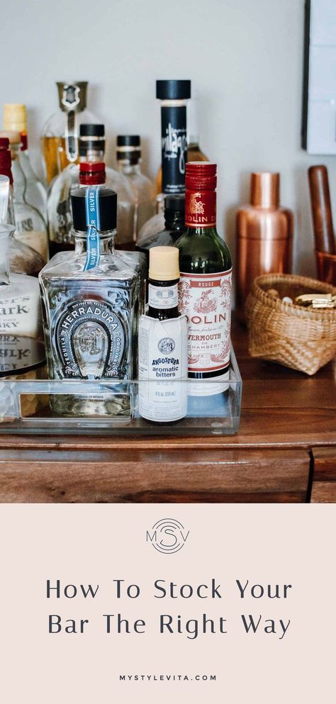 Tips on stocking your bar the right way - Bar cart essentials - My Style Vita #barcart #cocktails At Home Bar, Bar Cart Essentials, Home Bar Essentials, Johnny Walker, Cranberry Vodka, Gold Bar Cart, Aromatic Bitters, Easy Cocktail, Bombay Sapphire