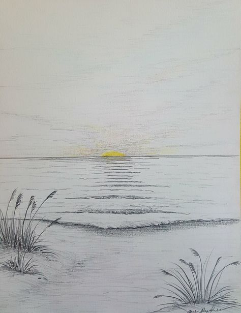 Sunrise Drawing, Beach Sketches, Landscape Pencil Drawings, Sea Drawing, Beach Drawing, Walls Art, Pen Art Work, Scene Drawing, Nature Sketch