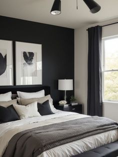 Black Walls Bedroom, Black And Grey Bedroom, Black Accent Wall, Black And White Bedroom, Black Bedroom Decor, White Bedroom Design, White Bedroom Ideas, Black Bed Frame, White Bed Frame