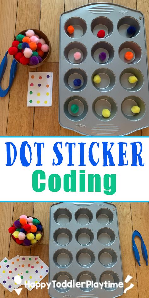 Dot Sticker Coding: Easy STEAM Activity - Happy Toddler Playtime Pom Pom Stem Activities, Preschool Technology Activities, Coding Preschool Activities, Preschool Coding Activities, Dot Activities For Preschool, Steam For Toddlers, Coding Activities For Preschoolers, Dot Sticker Activities For Toddlers, Dot Sticker Activities Preschool