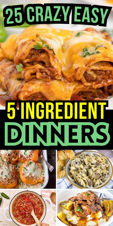 These easy dinners only have 5 ingredients or less. Make one of these five ingredient dinners when you want something simple and delicious. Easy Dinner Recipes Less Ingredients, Easy Supper Ideas Cheap, 5 Dollar Dinners Recipes, Easy Dinner Recipes For Six People, Simple Dinner Recipes Casserole, Cheap Few Ingredient Dinners, Good Fast Dinners Easy Recipes, Four Ingredient Recipes Dinner, 5 Recipe Meals