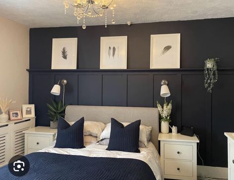 Bedroom Panelling Ideas Accent Wall, Modern But Homey Bedroom, Navy Bedroom Panelling Wall, Bedroom Navy Panelling, Navy Half Wall Panelling, Navy Wood Panelling Bedroom, Navy Blue Paneling, Dark Blue Wall Panelling, Blue Panelling Bedroom Ideas