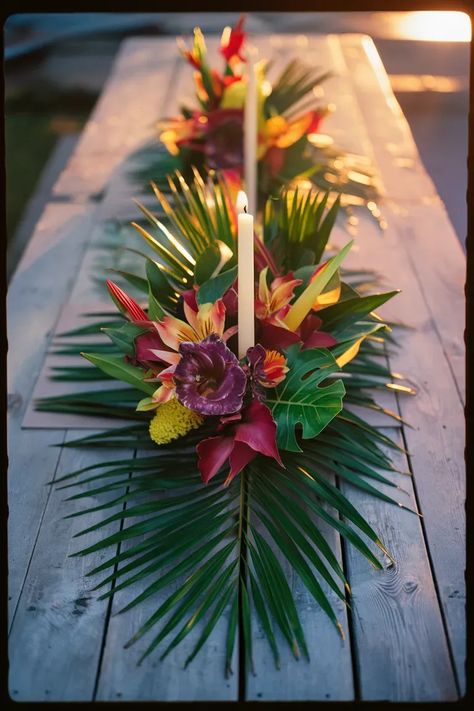 Tropical Tablescapes For A Dream Summer Garden Party | Daisily Hawaiian Theme Table Setting, Hawaiian Garden Party, Tropical Table Runner, Caribbean Table Decor, Hawaiian Wreath Diy, Tropical Party Ideas Decor, Carribean Decorations Party, Tropical Plant Wedding Decor, Tropical Decorations Party