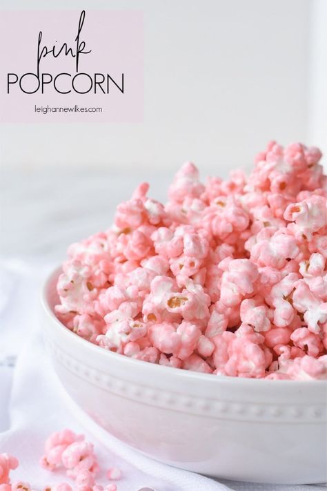 This Pink Popcorn is almost as fun to make as it is to eat!  It is super versatile and you can make it any color or flavor you like! #babyshower #recipe #oldfashioned #howtomake #easy #foodcoloring Pink Food Party Ideas, Pink Savory Food Ideas, Barbie Cocktail Recipe, Color Party Pink Food, Birthday Party Treat Table Ideas, Pink Brunch Food, Barbie Themed Food, Pink Snacks For Party, Barbie Dessert Table