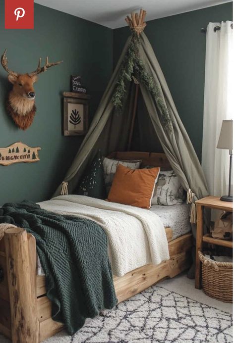 Little Man Cave Toddler Room, Boys Nature Bedroom, Boys Cabin Bedroom, Wilderness Boys Room, Boys Hunting Bedroom Ideas, Toddler Bedroom Ideas For Boys, Boys Camping Bedroom, Kids Forest Bedroom, Boys Woodland Bedroom