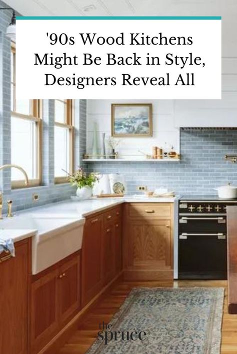 Designers weigh in on the latest kitchen trend question: are honey-colored maple cabinets from the 90s really back in style? Read all you need to know before renovating your kitchen and how you can update wooden cabinets to keep them fresh. #woodencabinets #kitchencabinetstyling #kitchencabinetupgrades #warmkitchens #apartmentdecor #apartmentdecoratingonabudget #apartmentliving #smallspacedecorating #thespruce Wood Cabinets With Copper Hardware, Wooden Cabinet Kitchen Ideas, Kitchen 90s Style, Updated Kitchen With Wood Cabinets, 90s Cabinet Makeover Oak Kitchens, Knobs For Honey Oak Kitchen Cabinets, Pecan Wood Cabinets Kitchens, Kitchens With Wood Cabinets And Floors, Update Wooden Kitchen Cabinets