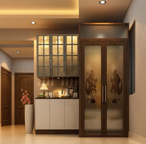 Interior Designers in Bangalore - Athena Apartment | Carafina Pooja Room Design In Kitchen, Pooja Room With Crockery Unit, Pooja Unit Designs In Living Room, Pooja Cabinet Design, Contemporary Crockery Unit, Crockery Unit Ideas, Modern Crockery Unit, Puja Unit Design, Full Home Interior Design