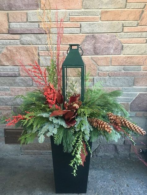 Christmas Lantern Decor Ideas, Christmas Lantern Ideas, Winter Containers, Lantern Christmas Decor, Porch Pots, Christmas Urns, Outdoor Christmas Planters, Holiday Planter, Winter Planter