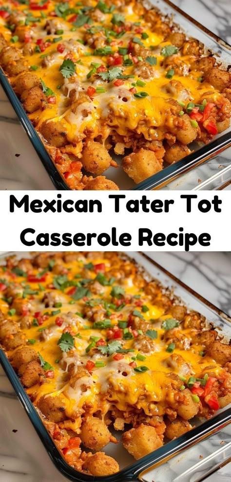 Enjoy a zesty twist with this Mexican Tater Tot Casserole! Fiesta Tater Tot Casserole, Tater Taco Casserole Recipes, Mexican Tot Casserole, Tex Mex Bake, Tater Tot Enchilada Casserole, Tater Tot Casserole Taco, Tater Tot Mexican Casserole, Taco Tatertot Casserole Recipe Beef, Mexican Tator Casserole