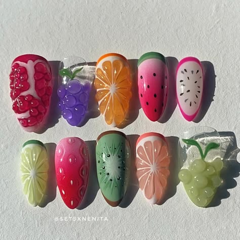 Nails Fruits Design, Fruits On Nails, Fruit Salad Nails, Nails Fruit Design, Short Fruit Nails, Cute Fruit Nails, Orange Fruit Nails, Summer Nails Fruit, Pineapple Nail Design