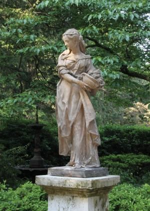 Figure of a Young Lady in the Guise of the Winter Season, cloaked and carrying a flame-filled urn. French, c. 1880 Garden Statues, A Garden, Trees, Statue