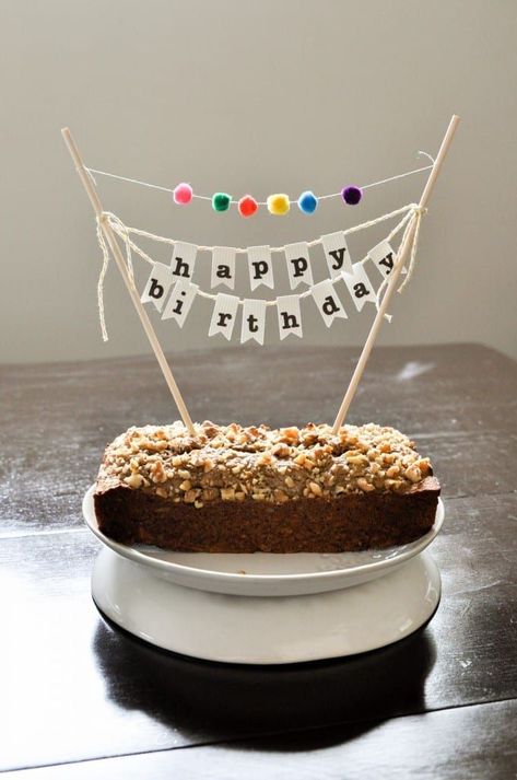 How to make the cutest birthday cake topper. Happy Birthday banner with pom-poms. | Mother's Niche Birthday Cake Banner, Happy Birthday For Him, Diy Birthday Banner, Diy Birthday Cake, Cake Bunting, Homemade Birthday Cakes, Cake Banner, Easy Birthday, Diy Cake Topper