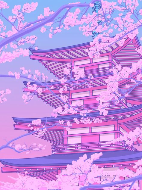 Pink Japan Wallpaper, Pagoda Aesthetic, Japanese Aesthetic Background, Pink Lofi Aesthetic, Pagoda Wallpaper, Japanese Vaporwave, Kawaii Prints, Spring Wallpaper Aesthetic, Night Routine Summer