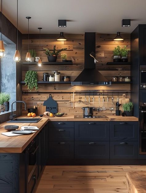 Black Kitchen Cabinets, Kitchen Remodel Design, Kitchen Inspiration Design, Black Cabinets, Black Kitchens, Wood Kitchen, Kitchen Style, Rustic Kitchen, Home Decor Kitchen