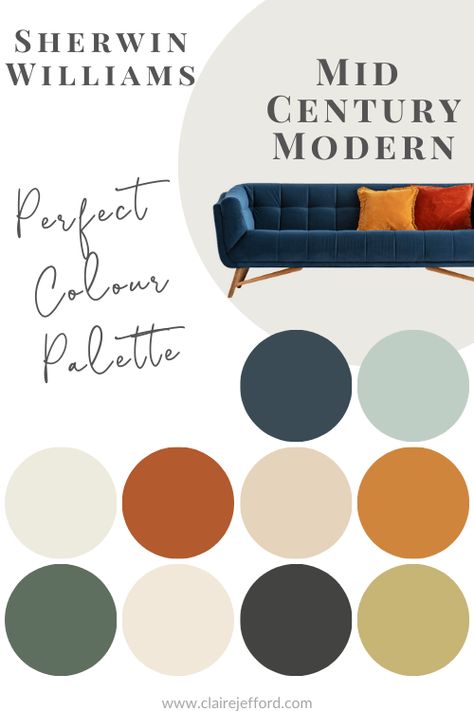 Farrow And Ball Mid Century Modern, Behr Mid Century Modern Colors, Blue Bedroom Mid Century Modern, Mid Century Color Palette Paint Colours, Mid Century Modern Colour Scheme, California Paint Colors, Mcm Industrial Living Rooms, Mid Century Modern Kitchen Paint Colors, Benjamin Moore Mid Century Modern Paint