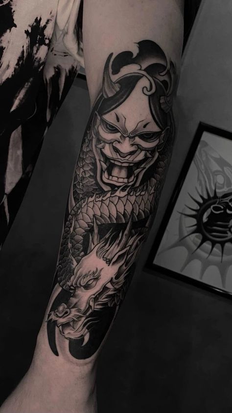 Dragon Tattoo Around Arm, Cover Up Tattoos For Men, Dragon Tattoo Arm, Japanese Tattoos For Men, Oni Tattoo, Around Arm Tattoo, Dragon Sleeve, Inner Forearm Tattoo, Tattoo Shading