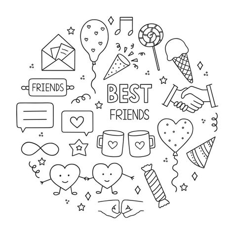 3 Best Friends Doodle Art, Cute Drawings Of Friendship, Friendship Doodles Cute, Friendship Drawings Sketches Easy, Drawing Of Friendship, Friendship Party Decorations, Friendship Doodles Art Cute, Friendship Day Doodle Art, Doodles Best Friends