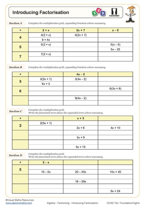 Introducing Factorisation Worksheet | Printable PDF Worksheets Algebra Equations Worksheets, Multiplication Grid, Equations Worksheets, Algebra Equations, Expanded Form, Math Worksheet, Equations, Writing