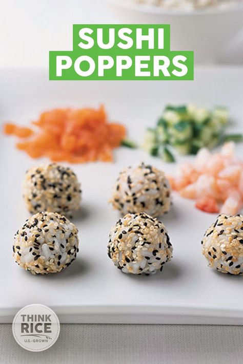 Rolled with freshly cooked U.S.-grown short grain rice, and filled with mango, smoked salmon, wasabi peas, tuna, cucumber, shrimp, and wasabi. Sushi Poppers, Sushi Recipes Homemade, Sushi Roll Recipes, Homemade Sushi, Sushi Recipes, Rice Balls, Recipe Details, What To Make, Appetizer Snacks