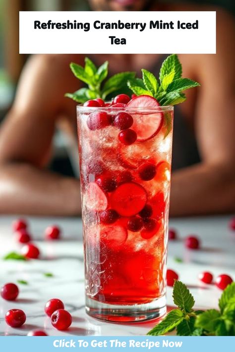 Cranberry mint iced tea garnished with fresh mint leaves and cranberries. Almond Milk Tea, Infused Recipes, Cranberry Tea, Cranberry Drinks, Iced Tea Drinks, Mint Drink, Holiday Berries, Berry Tea, Honey Almonds