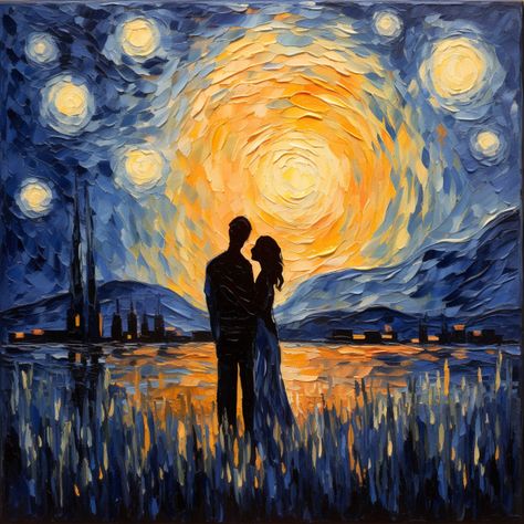 Vincent van Gogh Starry Night Romantic Edition #Starry Night #van gogh #moon #couple #Midjourney #vincent #love #night #ai Van Gogh Moon, فنسنت فان جوخ, Moon Couple, Vincent Van Gogh Starry Night, Love Night, Starry Night Painting, Romantic Paintings, Handmade Paintings, Arte Van Gogh