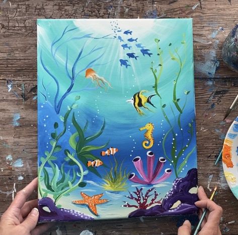 Under The Sea Painting - Step By Step Acrylic Tutorial For Beginners Under The Sea Drawings, Underwater Drawing, Ocean Drawing, Sea Drawing, Underwater Painting, Sea Life Art, Underwater Scene, Underwater Art, Sea Painting