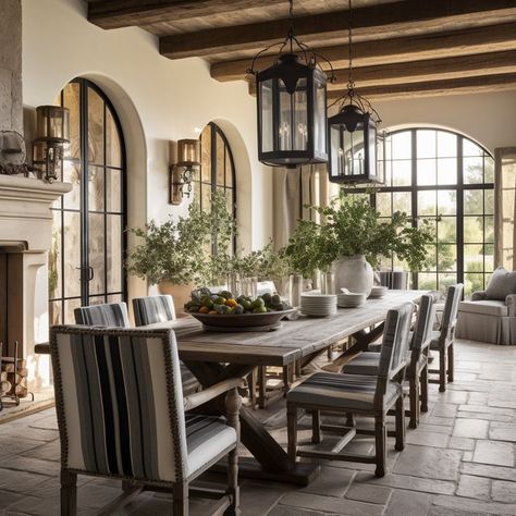 Mediterranean Modern Dining Room, Spanish Modern Dining Room, Moody Spanish Interior, Master Bedrooms Decor Elegant, Colonial Chic Interior Design, Spanish Colonial Dining Room, Spanish Style Dining Room, Spanish Colonial Interior Design, Elegant Balcony