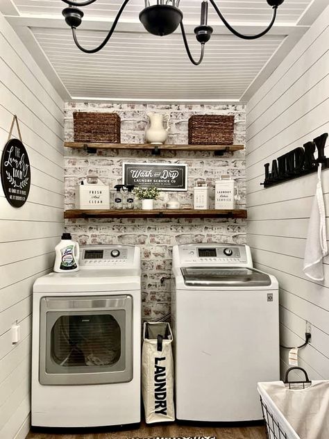 Laundry Room Ideas Brick Wall, Brick In Laundry Room, Brick Laundry Room Wall, Brick Wall Laundry Room, Brick Laundry Room, Bright Laundry Room, Brick Wall Ideas, Fireplace Makeovers, Faux Brick Wallpaper