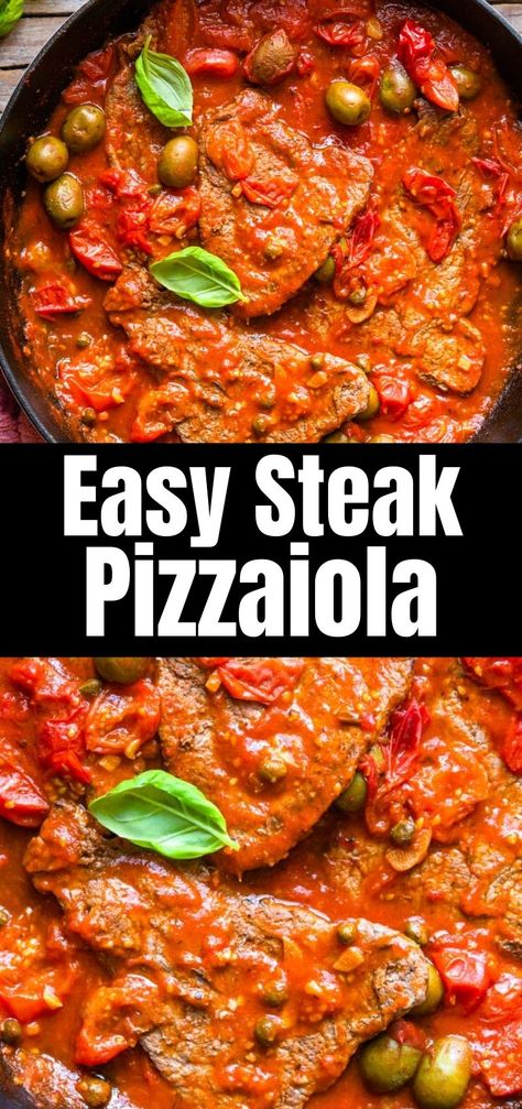 The easiest Steak Pizzaiola recipe made with juicy, perfectly cooked steak and a rich flavour-packed tomato sauce made with cherry tomatoes, olives, and capers. This super easy, stovetop recipe is ready in under 30 minutes. #pizzaiola #steak #Italianrecipes Italian Steak Recipes, Hgc Diet, Italian Steak, Bucatini Recipes, Steak Pizzaiola, Easy Italian Dinner, Steak Pasta, Italian Meals, Italian Dinner Recipes