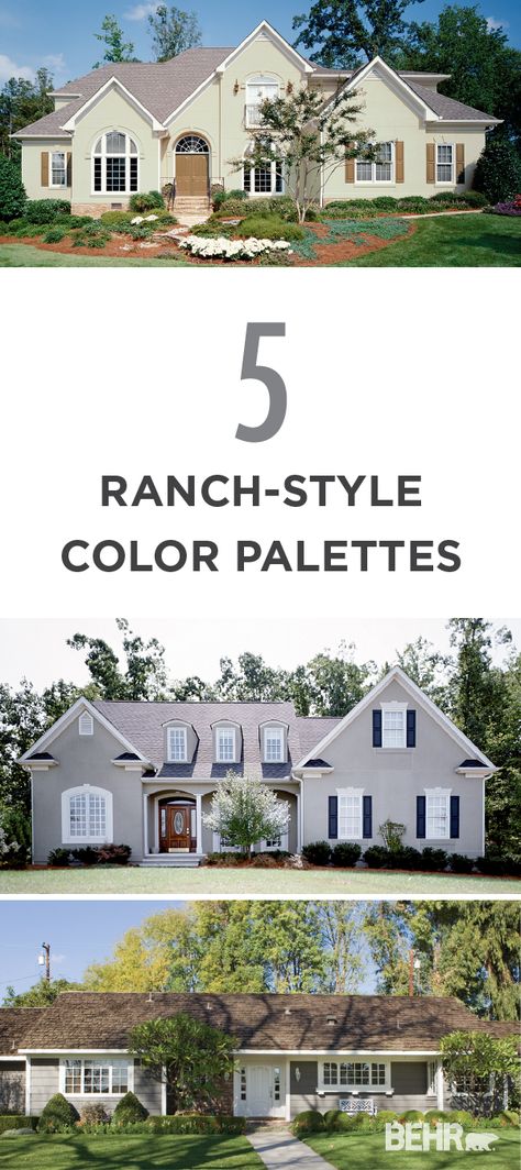 Looking to update your ranch-style home with a new exterior paint color? Check out these 5 color palettes for a foolproof look. Try BEHR’s ColorSmart tool to test out your new colors before you buy! Ranch Style Homes Exterior Colors, Exterior Paint Ideas, Home Paint Color, Ranch House Exterior, Paint Color Inspiration, Exterior Paint Color, Ranch Style Homes, Ranch Style Home, Selling A Home