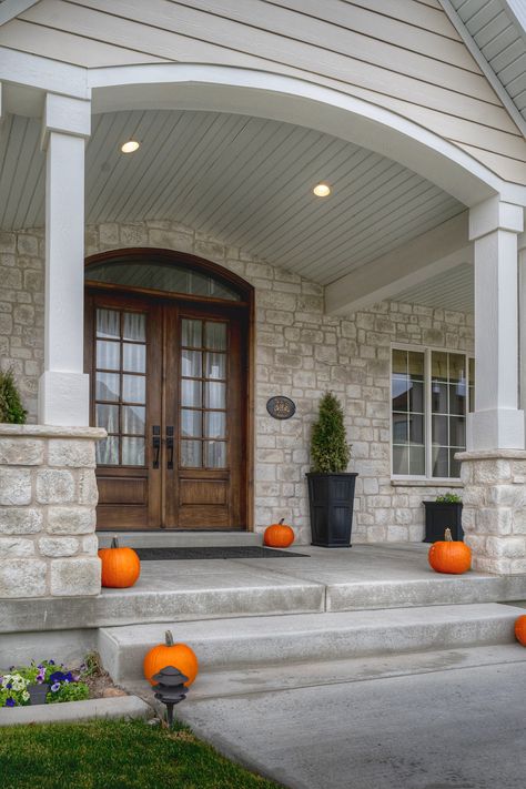 Brick And Stone House Exterior, Tan House Exterior, Front Porch Stone, Stone Veneer Exterior, Beach 2023, Tan House, Austin White, Stone Porches, Stone Exterior Houses