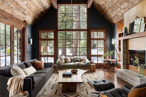 Mountain House Renovation, Minnesota Lake Homes, Lake Tahoe Cabin Interior, Lake Tahoe Living Room, Lake Cabin Interiors Living Room, Cozy Mountain Cabin Aesthetic, Moody Mountain Living Room, Tahoe Cabin Interior, Cozy Cabin Design