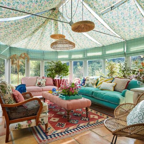 Harlequin X Sophie Robinson Home Conservatory Crop Screened In Room, Apartment Bedroom Aesthetic, Conservatory Makeover, Conservatory Playroom, Conservatory Interiors, Maximalism Style, Bedroom Aesthetic Ideas, Sun Sails, Sophie Robinson