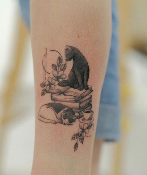 Cat Tattoos on Instagram: "Kitty tattoo by @itsthemoe_ #cattattoo #cattattoos #kittytattoos" Reading Tattoo, Book Lover Tattoo, Tea Tattoo, Kitty Tattoos, See Tattoo, Kitty Tattoo, Bookish Tattoos, Cute Cat Tattoo, Black Cat Tattoos