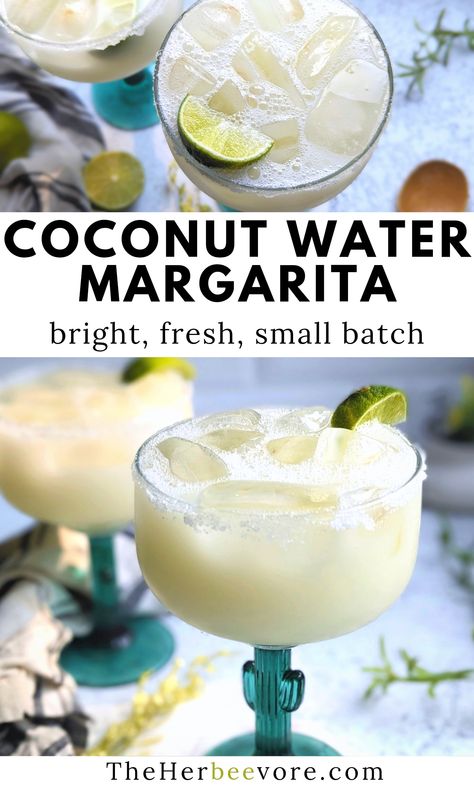 This fresh coconut water margarita recipe is a sweet, topical, and refreshing way to kick off happy hour! With coconut water, sweet and sour mix, and tequila - blend or serve on the rocks. Coconut Water Tequila Drinks, Coconut Water Drinks Alcohol, Drink Recipes With Coconut Water, Coconut Water Margarita, Coconut Water Mixed Drinks, Coconut Water Alcoholic Drinks, Coconut Water Cocktail Recipes, Coconut Tequila Margarita, 1800 Coconut Tequila Recipes