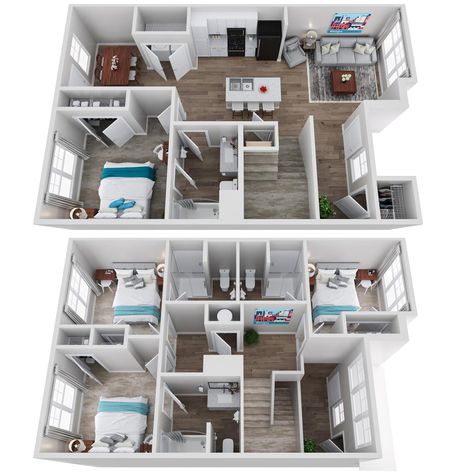 The Cottages at College Acres Student Housing - Floor Plans - 4 Bedroom, 4 Bathrooms College House Floor Plan, 4 Bedroom Dorm Floor Plan, Student Housing Interior, 5 Bedroom Apartment Floor Plans, 4 Bedroom Apartment Layout, 4 Bedroom House Layout, College Apartment Floor Plans, College Dorm Floor Plan, 4 Bed Apartment Floor Plan