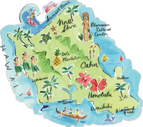 Oahu Hawaii Wallpaper, Costa Rica Scrapbook, Hawaii Wallpaper Aesthetic, Honolulu Hawaii Aesthetic, Hawaii Drawing, Oahu Map, Kawaii Hawaii, Hawaii Scrapbook, Map Of Hawaii