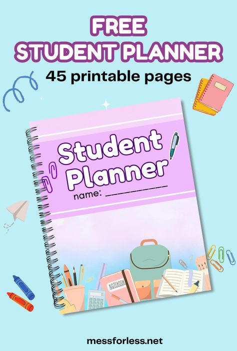 Download our 45 page Free Printable Student Planner and help your child start the school year organized. Kids will learn organization & time management skills. How To Make A Planner For School, Study List Planner, How To Make Study Planner, Study Planner Ideas Schools, Study Tracker Free Printable, Student Planner Printable Free Templates, School Journal Ideas Student, New Year Planner Ideas, Cute Study Planner