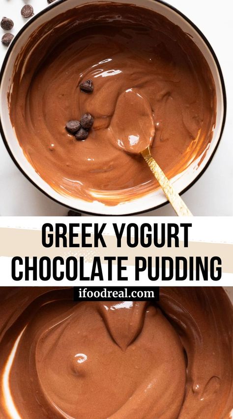 Greek Yogurt Chocolate Pudding is so rich and creamy, it’ll blow your mind! It’s also made with just 3 ingredients and contains 12 grams of protein. Get excited! Chocolate Pudding Greek Yogurt, Greek Yogurt With Chocolate Chips, Pudding And Yogurt Recipes, Greek Yogurt Instant Pudding, What To Add To Greek Yogurt, Homemade Protein Pudding, Healthy Puddings For Kids, Greek Yogurt Mousse Healthy, Greek Yogurt Cocoa Powder Dessert