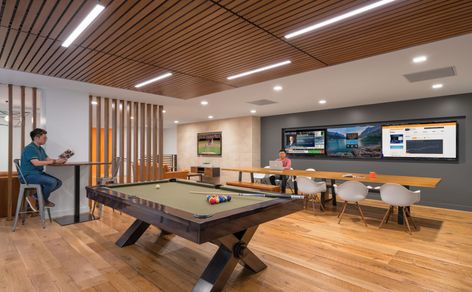 Office Pool Table, Club House Architecture, Indoor Games Room, Landmark Architecture, Architect Office, Breakout Space, Classroom Interior, Rec Center, Recreational Room