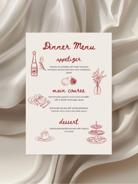 Dinner menu template suitable for weddings and dinner parties! Instant download and editable in Canva Simple Dinner Party Menu Ideas, Wedding Menu Ideas Design, Aesthetic Menu Template, Coquette Dinner, Spinach And Ricotta Tortellini, Dinner Menu Template, Dinner Menu Card, Aesthetic Dinner, Menu Card Design