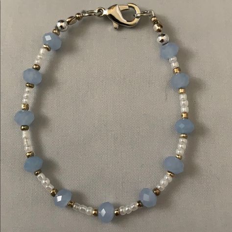 Handmade By Me, A Blue, White And Gold Small Bead Bracelet Accented In Silver. Bracelet Is 6 3/4” Long. Coastal Grandmother Aesthetic Jewelry, Blue And Silver Beaded Bracelets, Blue And White Seed Bead Bracelet, A Bracelet Handmade, Gold And Silver Beaded Bracelets, Basic Beaded Bracelet, Cute Homemade Bracelet Ideas, Black White Beaded Bracelet, Cute Blue Bracelet Ideas