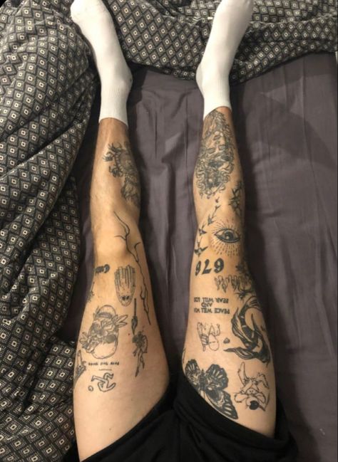 Leg Aesthetic Tattoo, Legs Tatoos Ideas, Leg Tattoo Flash Art, Flash Art Leg Tattoos, Backleg Tattoo, Scattered Leg Sleeve Tattoo, Ankle Patchwork Tattoo, Leg Patch Sleeve Tattoo, Legs Full Of Tattoos