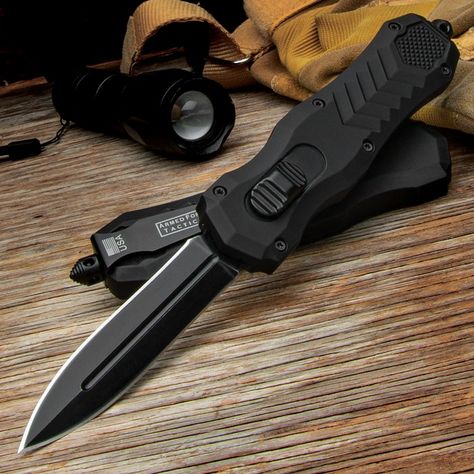 Armed Force Tactical Black Automatic OTF Knife And Sheath - Stainless Steel Blade, Metal Handle, Slide Trigger - Length 9 3/4" Flick Knife, Otf Knives, Knife Aesthetic, Automatic Knives, Tactical Knife, Gray Man, Cool Knives, Bowie Knife, Pocket Knives